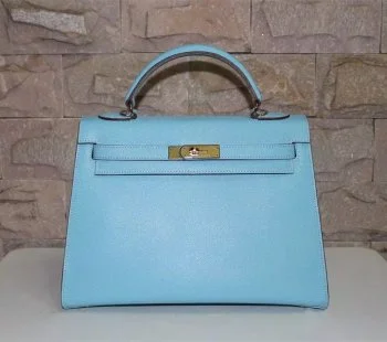 Hermes Kelly 32cm Epsom Leather Handbag Light Blue Gold