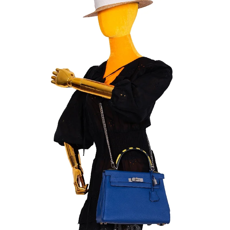 Hermès Kelly 28 Retourne Au Galop Blue Electric, Yellow and Black Togo Palladium Hardware