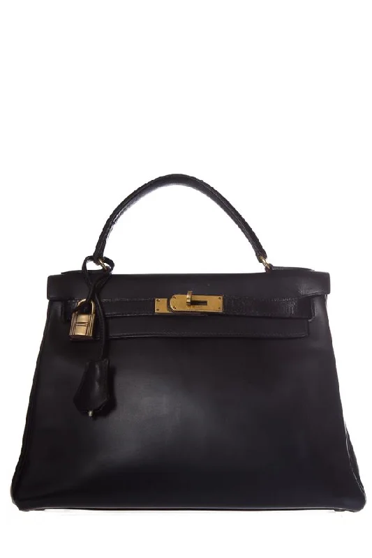 Hermès Kelly Box Black 25 Handle Noir Leather Tote