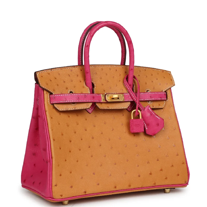 Hermes Special Order (HSS) Birkin 25 Gold and Rose Tyrien Ostrich Brushed Gold Hardware