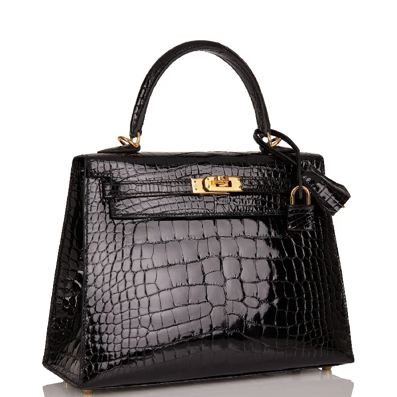 Hermes Kelly Sellier 25 Black Shiny Alligator Gold Hardware