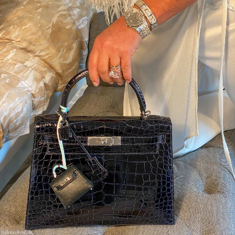 Hermès Kelly 28 Sellier Verso Blue Marine Nilo Crocodile & Rose Scheherazade Palladium Hardware - 2019, D