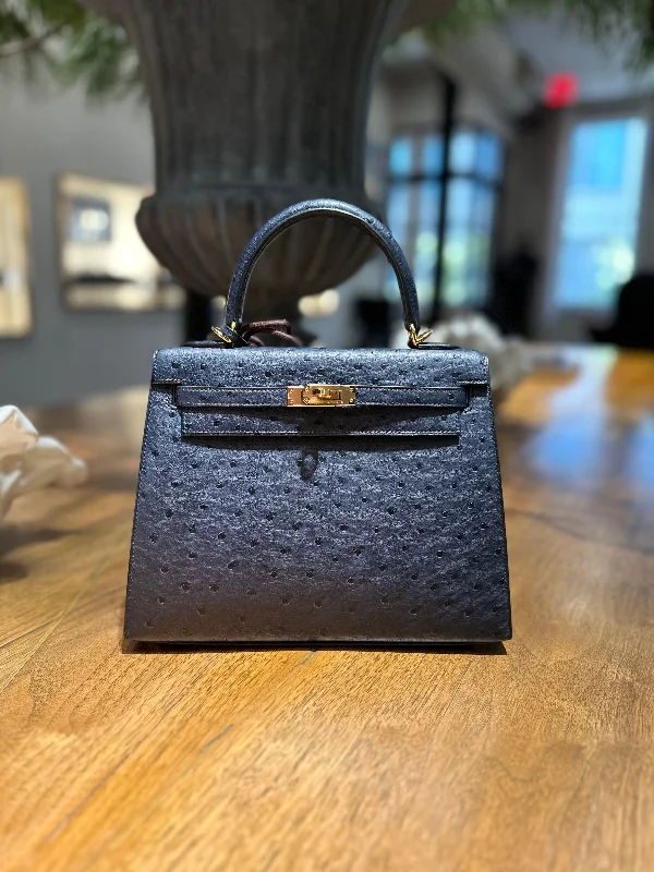 Hermès Kelly 25 Sellier Indigo Ostrich leather Gold Hardware