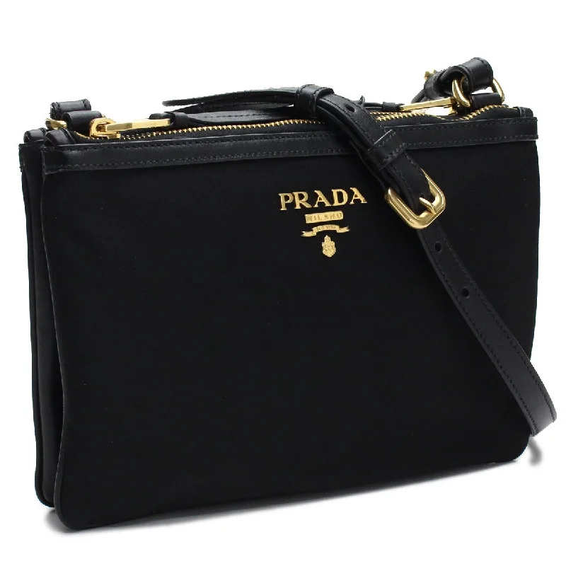 Prada Logo Tessuto Nylon Soft Calf Trim Black Cross Body Bag 1BH046