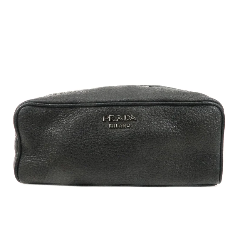 PRADA Logo Leather Pouch Cosmetic Pouch Black Silver HDW